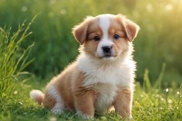 Serene Puppy Bliss in Sun-Drenched Morning Meadow