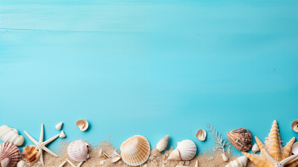 starfishes and shell on the beach with light blue background