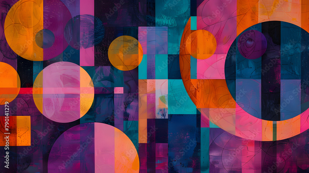 Poster abstract backdrop with vibrant geometric figures. encompassing circles and rectangles in purples