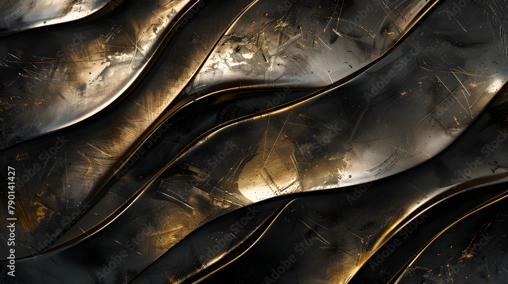 Poster abstract background of black and gold patterned curves made from polished metal texture. forged in d