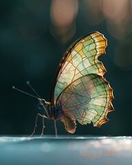 Delicate butterfly with world map wings, side view, soft natural light, perspectivechanging