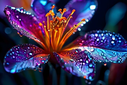 close-up picture of a beautiful blue and purple flower with dew drops