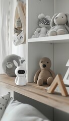 Contemporary baby monitor with high-definition camera, placed on wooden shelf in children's room