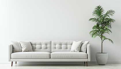 Stylish and inviting modern living room adorned with sofa and plant against pristine white wall