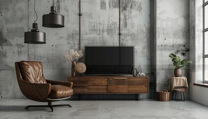 Stylish living room interior featuring TV cabinet and leather armchair cement room with wall