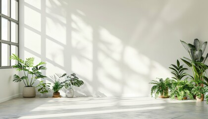 Airy white wall empty room with plants arranged on the floor, infusing space with natural freshness