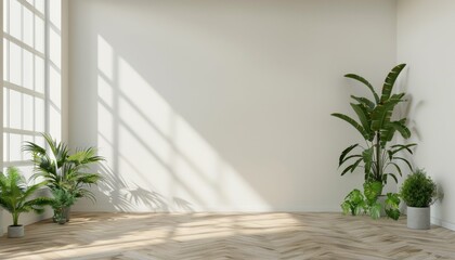 Airy white wall empty room with plants arranged on the floor, infusing space with natural freshness - obrazy, fototapety, plakaty