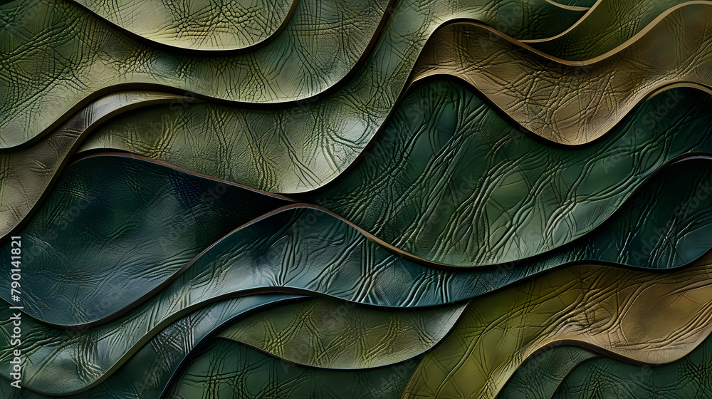 Poster abstract background of green and brown patterned waves made from textured leather. crafted in dark o
