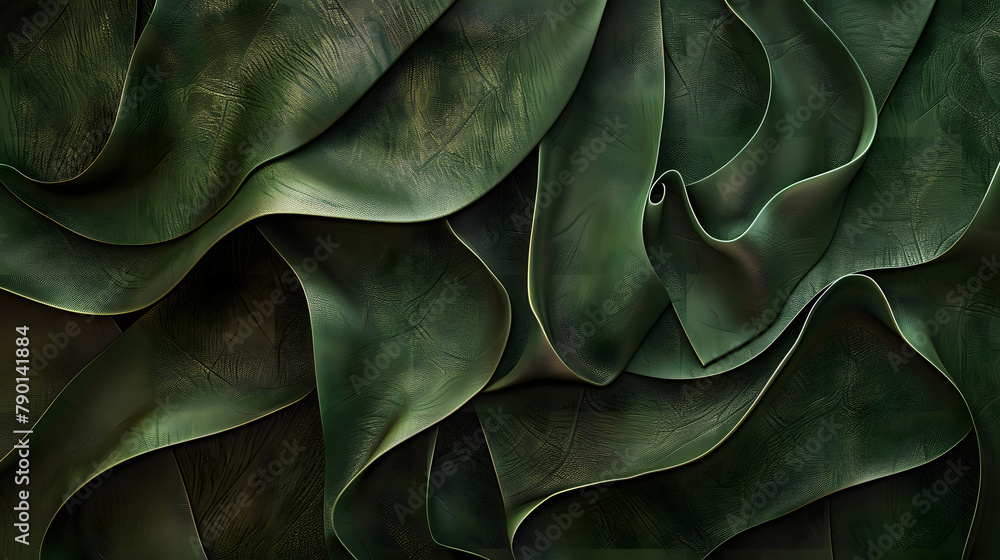Poster abstract background of green and brown patterned waves made from textured leather. crafted in dark o