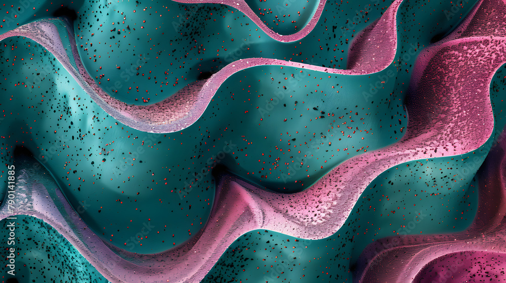 Poster abstract background of pink and teal patterned loops made from rough sand texture. molded in dark co