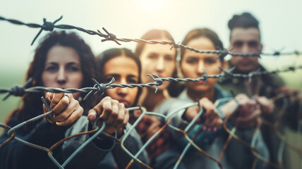 People gripping a barbed wire fence, looking through it with determined expressions.