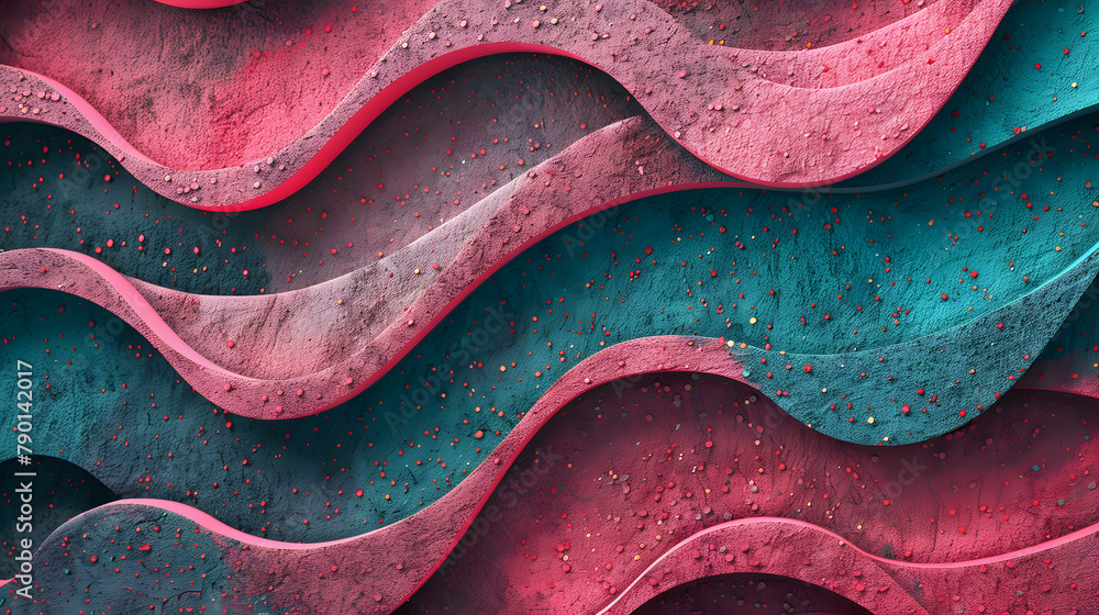 Poster abstract background of pink and teal patterned loops made from rough sand texture. molded in dark co