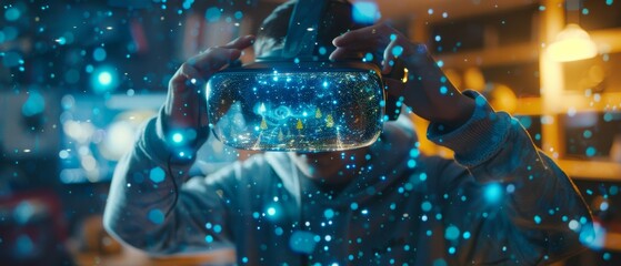 Technological magic as a computer engineer, through the lens of VR glasses, floating 3D hologram