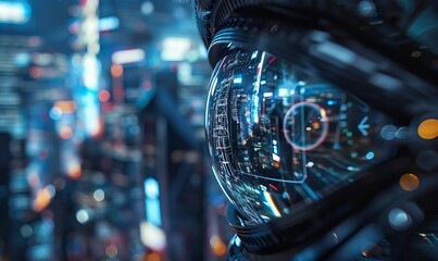 Produce a mesmerizing image of a futuristic cityscape reflected in a close-up shot holographic display, using photorealistic digital rendering techniques