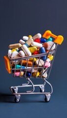 shopping cart overflowing with assorted pharmaceutical pills, purchasing medications through online