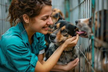 tender moment as a woman volunteer in uniform lovingly pets rescued dogs at an animal shelter - obrazy, fototapety, plakaty
