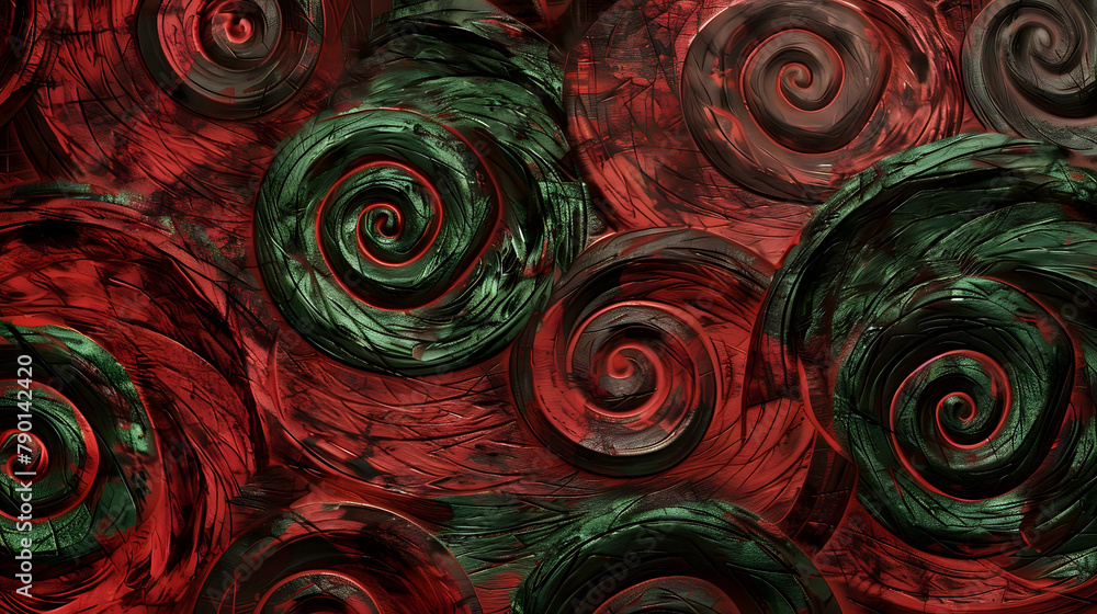 Poster abstract background of red and green patterned swirls made from coarse wood texture. carved in dark 