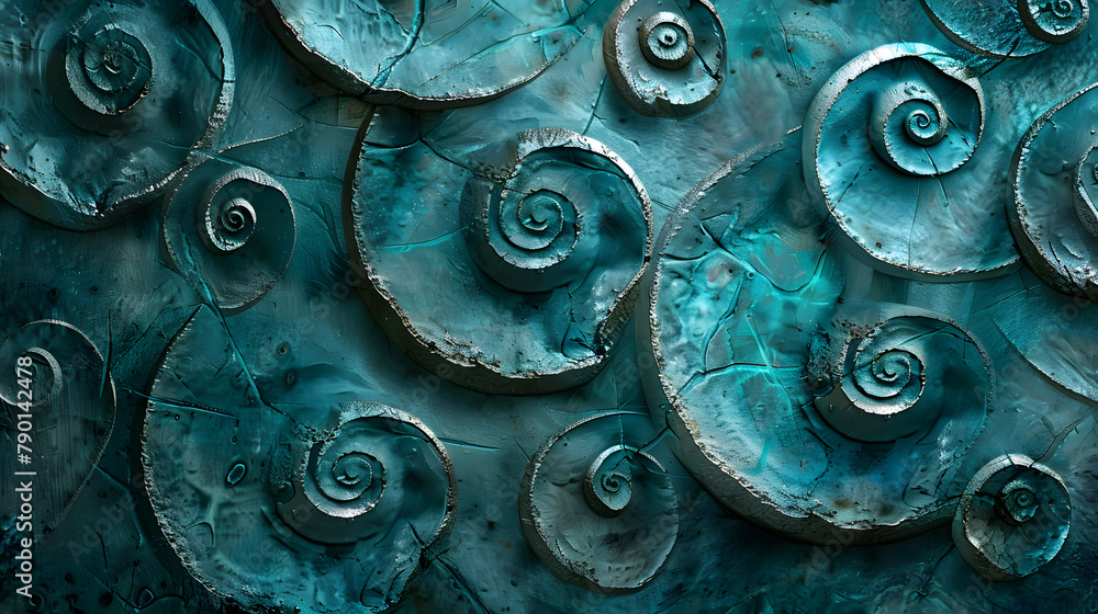 Poster abstract background of turquoise and silver patterned spirals made from rough concrete texture. cast