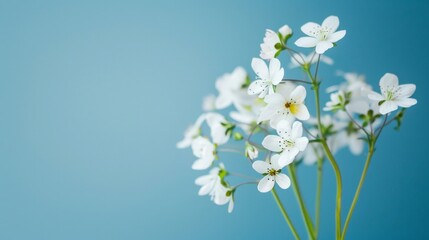 White flowers in a vase on blue background