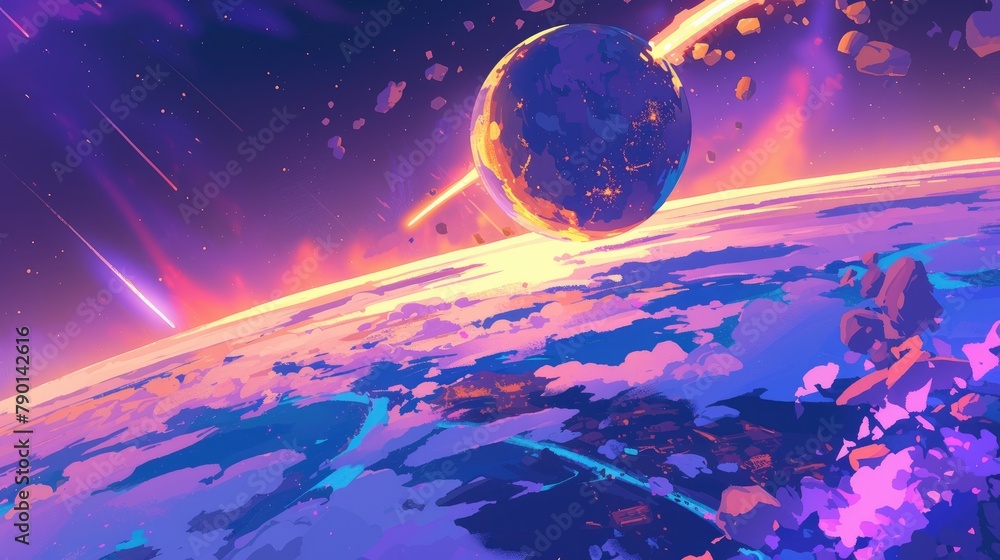 Canvas Prints behold the mesmerizing sight of earth as seen from an alien planet set against a neon space backdrop