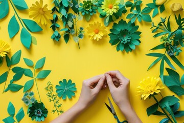 Woman creating paper flowers with green leaves and yellow flowers on a sunny yellow background