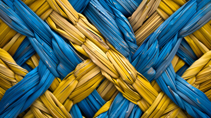 Abstract background of yellow and blue patterned zigzags made from woven straw texture. braided in bright gold reed with thin strands. Perfect for design elements - obrazy, fototapety, plakaty
