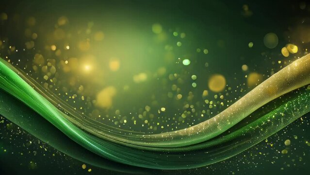Abstract green background with waves and golden particles