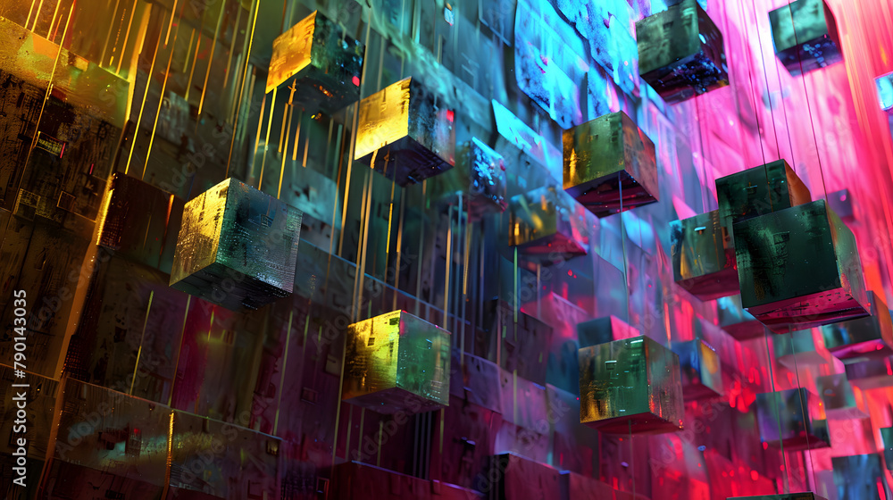 Poster abstract display with shimmering geometric badges. containing cubes and prisms in blues