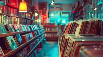 Vibrant record store interior with colorful lighting and vinyl collection