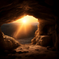 Silhouette of entrance to cave with sunlight in the middle.