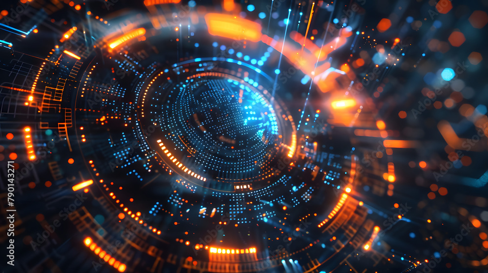 Poster abstract futuristic technology background with blue and orange lights in the center. creating circul