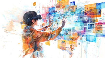 Illustrate a scene featuring a person interacting with a holographic projection of their memories, exploring the fusion of technology and psychology in a vivid watercolor painting Incorporate an innov - obrazy, fototapety, plakaty