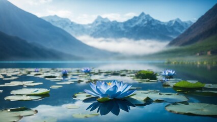 Fototapeta na wymiar A Fresh and blue Beautiful Lotus Flower is Blooming and glowing in the morning in a pond.