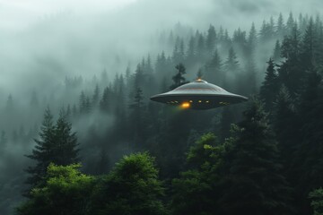 An Alien Spaceship in a foggy forest at twilight, technology, nature
