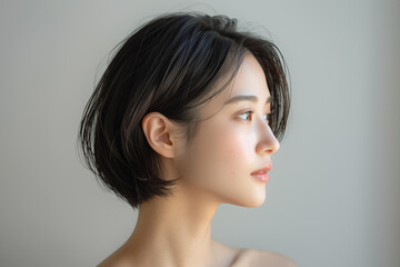 Side profile of a young Asian woman with short hair and natural light