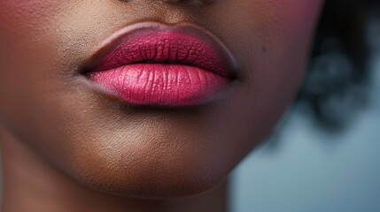 Close-up of vibrant pink lipstick on a dark-skinned woman's lips