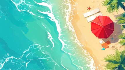 Capture the essence of summer with this vibrant aerial view featuring a beach crystal clear ocean golden sand a striking red umbrella lush palm tree leaves a delicate starfish refreshing SP