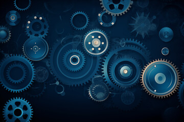 Fototapeta na wymiar A blue background with many gears of different sizes. The gears are all different sizes and are scattered throughout the image