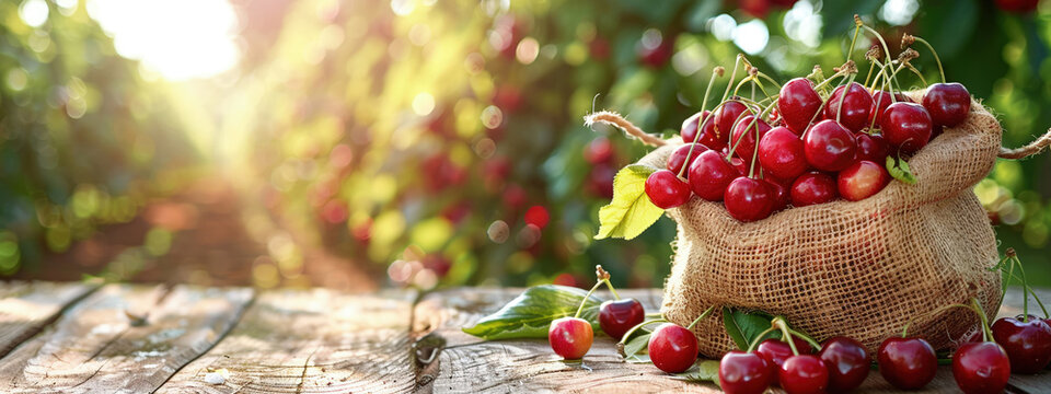 a bag of cherries on a wooden table