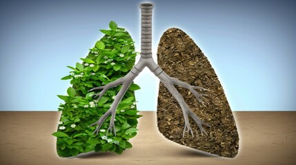 Detailed drawing of human lungs, one half with leaves and the other with tobacco, the concept of getting rid of bad habits. Healthy lifestyle