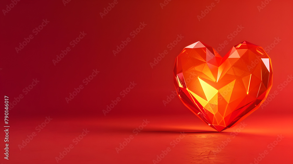 Poster abstract low poly heart with a glowing inside on a red background. concept of love and emotion.