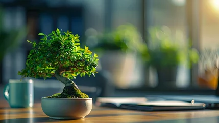 Ingelijste posters Serene bonsai tree on a sunny workspace with coffee mug and notebook © volga