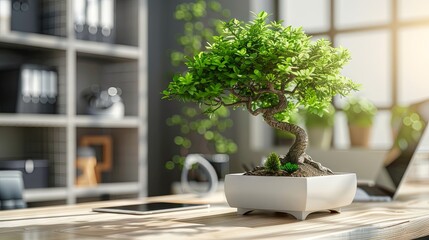 Serene indoor bonsai tree on a sunlit wooden desk