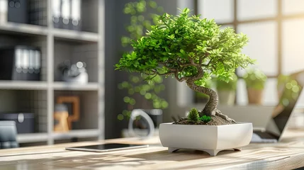Fotobehang Serene indoor bonsai tree on a sunlit wooden desk © volga