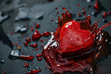 Red heart with splash of liquid with splashing drops, isolated on dark black gray background