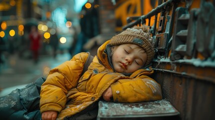 A small homeless poor child sleeps peacefully on a bench on a noisy city street covered with an old jacket, the concept of helping hungry children living without parents
