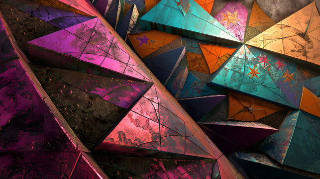 Abstract scene with radiant geometric designs. featuring stars and trapezoids in pinks