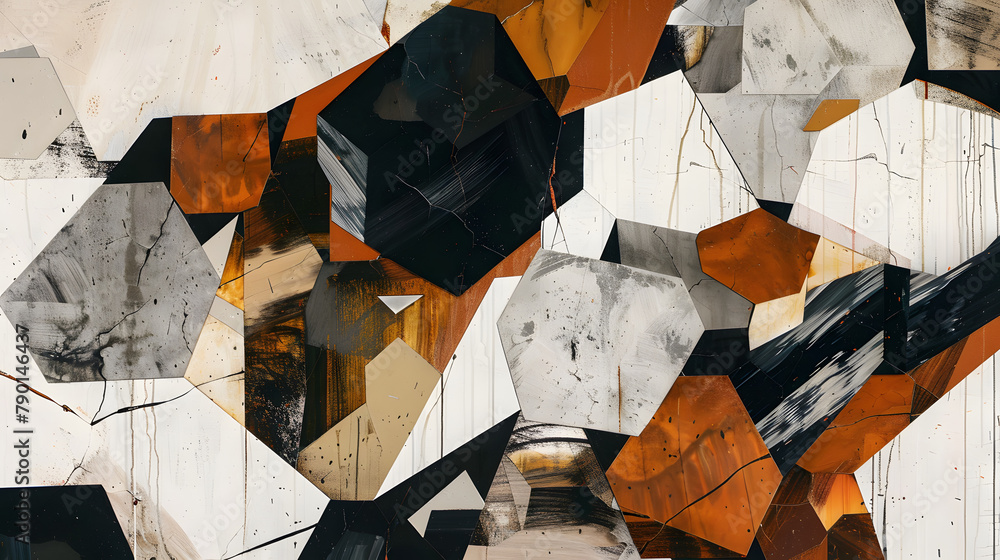 Poster abstract setting with vivid geometric forms. including hexagons and pentagons in browns
