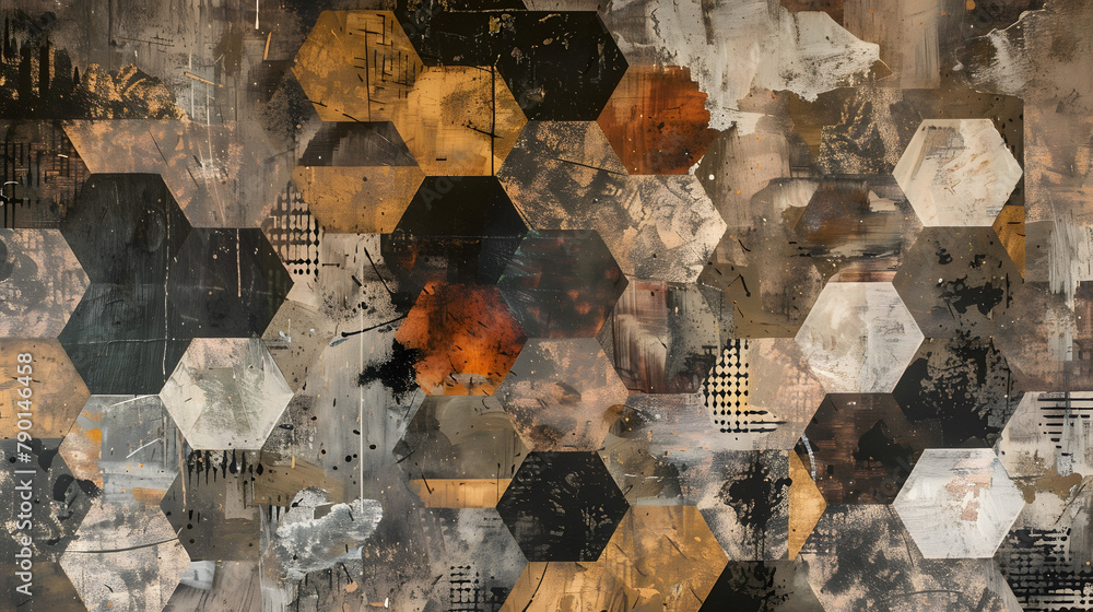 Poster abstract setting with vivid geometric forms. including hexagons and pentagons in browns