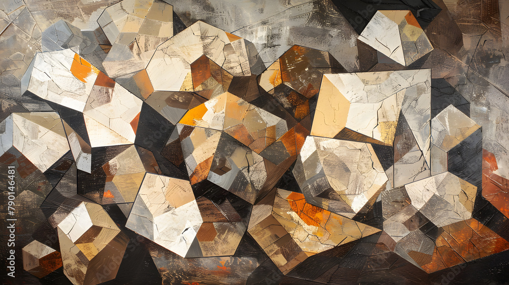 Poster abstract setting with vivid geometric forms. including hexagons and pentagons in browns